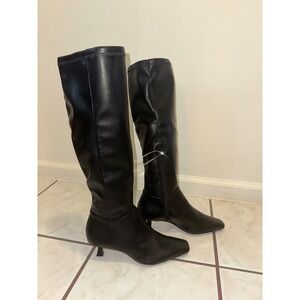NEW Gianni Bini Tall Boots Womens 6M Black Square Toe Kitten Heel Zip Up